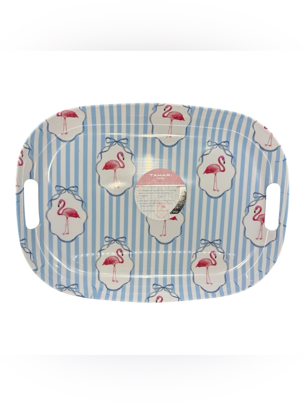 Tahari Home Flamingo Melamine Serving Tray Platter Blue White Stripe Summer NEW